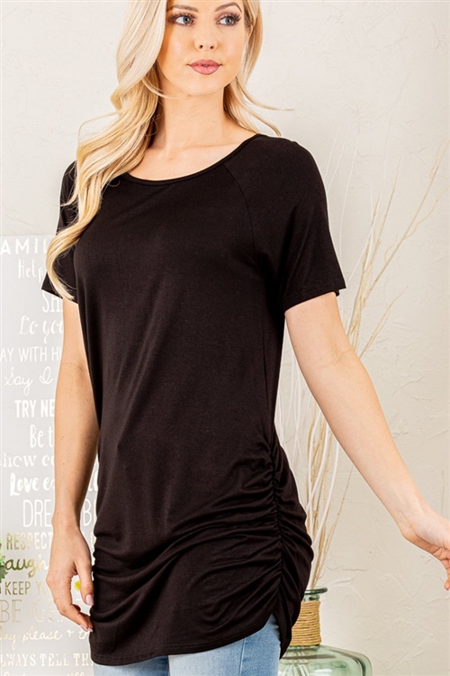 S35-1-1-HM-ST1587S-BK - SHORT SLEEVE ROUND NECK SOLID TOP WITH RUCHED- BLACK 2-2-2