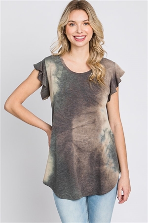 S35-1-1-HM-ST1596-48-TPOV - RUFFLED SHORT SLEEVE ROUND NECK TIE DYE PRINT TOP- TAUPE/OLIVE 2-2-2