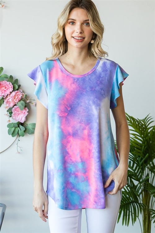 S35-1-1-HM-ST1596-50-MLT - RUFFLED SHORT SLEEVE MULTI COLOR TIE DYE PRINT TOP- MULTI 2-2-2