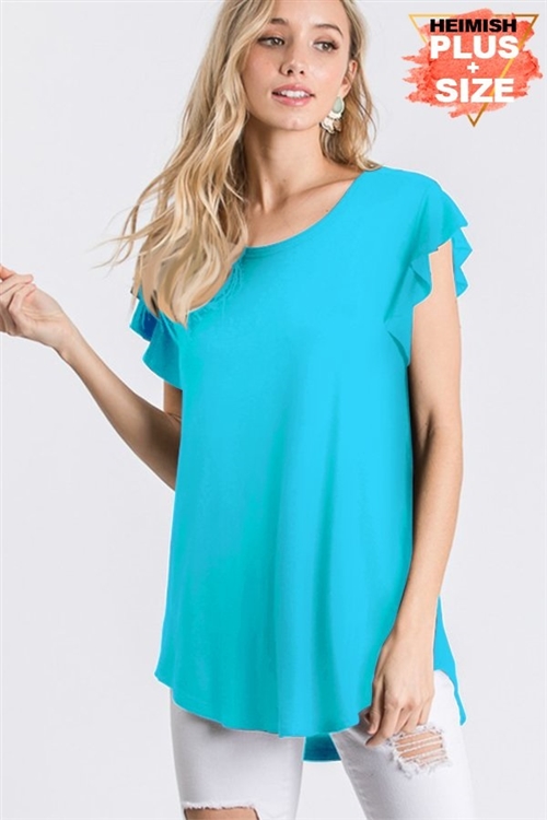 S35-1-1-HM-ST1596SX-AQ - PLUS SIZE RUFFLED SHORT SLEEVE ROUND NECK SOLID TOP- AQUA 2-2-2