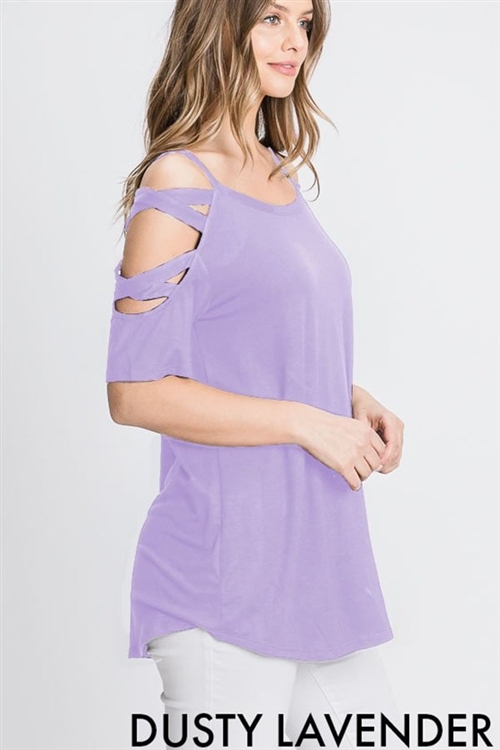 S35-1-1-HM-ST1698S-DSLVD - COLD SHOULDER TOP WITH CRISSCROSS STRAP- DUSTY LAVENDER 2-2-2