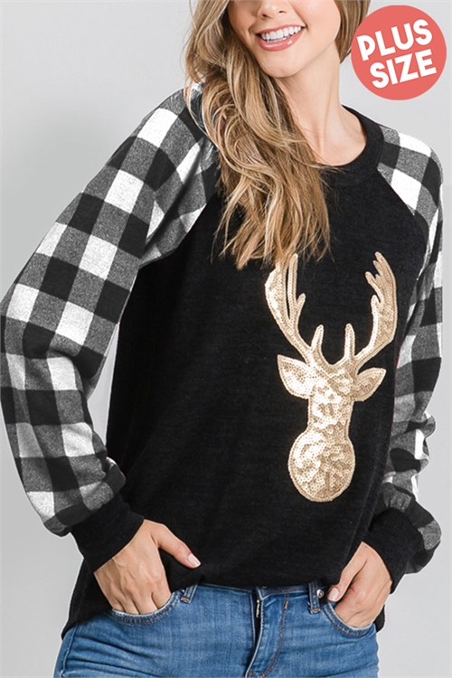 S35-1-1-HM-ST1873-12X-BKIV - PLUS SIZE REINDEER SEQUINS DETAIL PLAID SLEEVE TOP- BLACK IVORY 2-2-2