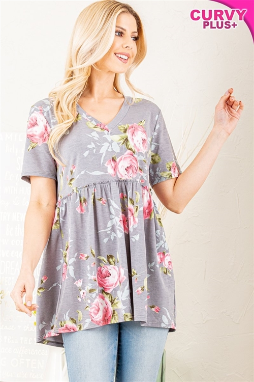 S35-1-1-HM-ST1875-13X-GY - PLUS SIZE SHORT SLEEVE V NECK FLORAL PRINT TOP WITH RUFFLED- GRAY 2-2-2