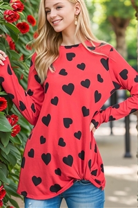 HM-ST1881-10-RD-LONG SLEEVE ROUND NECK VALENTINE HEART PRINT TOP WITH TWIST KNOT DETAIL-RED-2-2-2