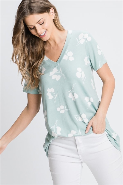 S35-1-1-HM-ST2000-16-MNT - SHORT SLEEVE V NECK FLORAL PRINT TOP- MINT 2-2-2