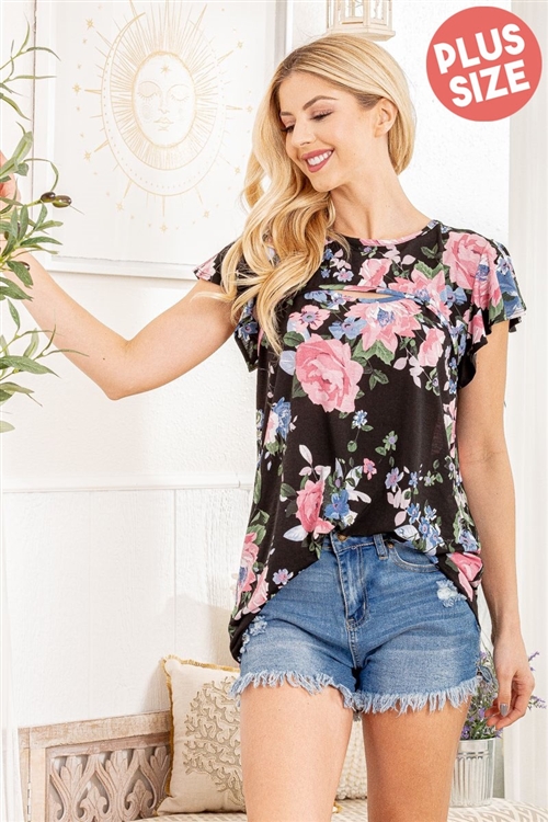 S35-1-1-HM-ST2056-10X-BKPK - PLUS SIZE ROUND NECK FLORAL PRINT PEEKABOO FRONT TOP- BLACK/PINK 2-2-2