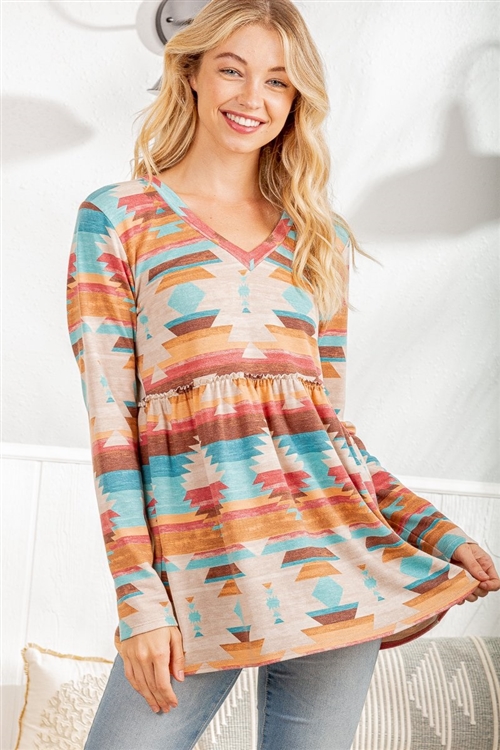 S35-1-1-HM-ST2091-20-TPMLT - LONG SLEEVE V NECK MULTI COLOR AZTEC PRINT TOP- TAUPE MULTI 2-2-2