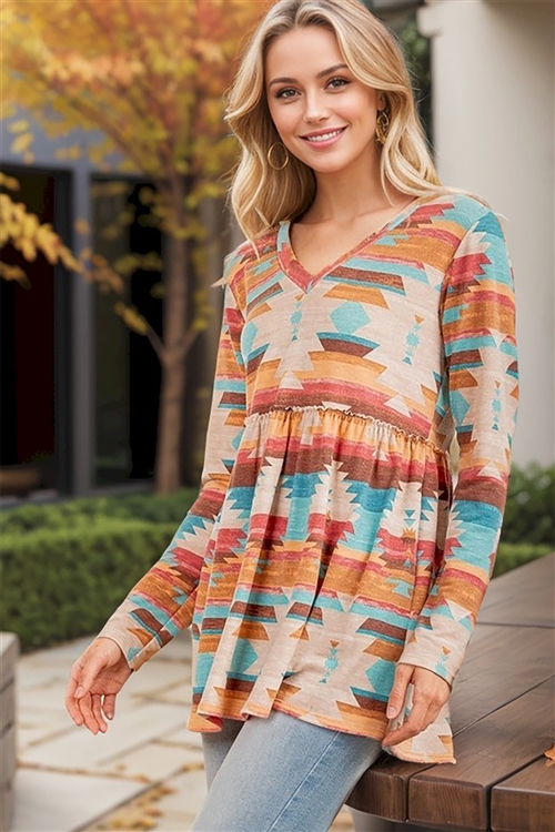 S35-1-1-HM-ST2091-20X-TPMLT - PLUS SIZE LONG SLEEVE V NECK MULTI COLOR AZTEC PRINT TOP- TAUPE MULTI 2-2-2