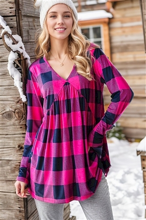 HM-ST2103-23-NVFCH-LONG SLEEVE V NECK PLAID PRINT BABYDOLL TOP WITH SHIRRING DETAIL-NAVY/FUCHSIA-2-2-2