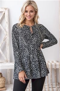 HM-ST2144-15-BKIV-LONG SLEEVE KEYHOLE NECK WITH TIE DETAIL ANIMAL PRINT TOP WITH SHIRRING DETAIL-BLACK/IVORY-2-2-2