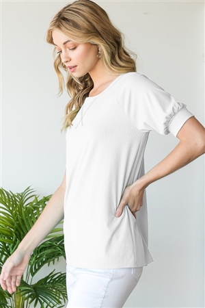 S35-1-1-HM-ST2417-10-IV - PUFF SHORT SLEEVE ROUND NECK SOLID RIBBED TOP- IVORY 2-2-2