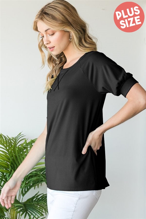 S35-1-1-HM-ST2417-10X-BK - PLUS SIZE PUFF SHORT SLEEVE ROUND NECK SOLID RIBBED TOP- BLACK 2-2-2