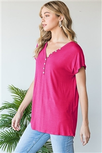 HM-ST2445S-FCH-SHORT SLEEVE V NECK SOLID TOP WITH FRONT BUTTON DETAIL-FUCHSIA-2-2-2