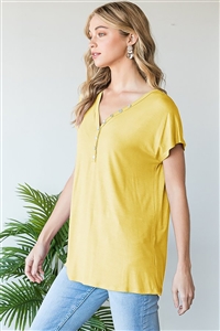 HM-ST2445S-YLW-SHORT SLEEVE V NECK SOLID TOP WITH FRONT BUTTON DETAIL-YELLOW-2-2-2