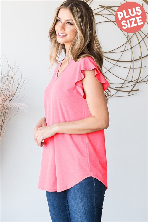 S35-1-1-HM-ST2500BULX-NPK - PLUS SIZE RUFFLED SHORT SLEEVE V NECK SOLID BULGARI TOP- NEON PINK 2-2-2