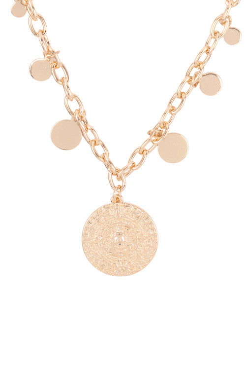 A1-1-4-HN4708GD - LAYERED CHAIN ENGRAVED DISK PENDANT NECKLACE - GOLD/6PCS