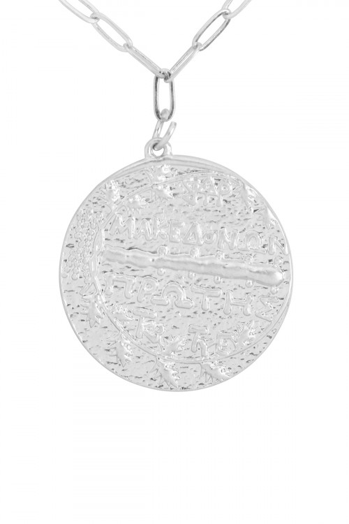 A1-1-4-HN4752WS - 3  LAYERED CHAIN W/ ENGRAVED DISK PENDANT NECKLACE - MATTE SILVER/6PCS