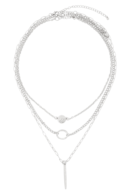 SA3-3-4-HN4755WS - LAYERED CHAIN DISK OPEN CIRCLE BAR NECKLACE - MATTE SILVER/6PCS (NOW $2.50 ONLY!)