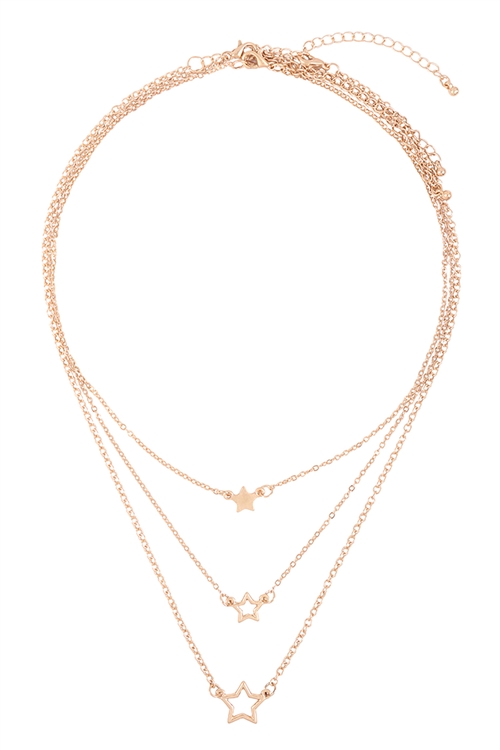 A1-2-2-HN4760WG - LAYERED CHAIN OPEN STAR INLINE NECKLACE SET - MATTE GOLD/1PC