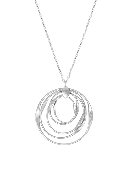 S6-4-4-HN4776WS - OPEN CIRCLE LAYERED PENDANT LONG NECKLACE - MATTE SILVER/6PCS