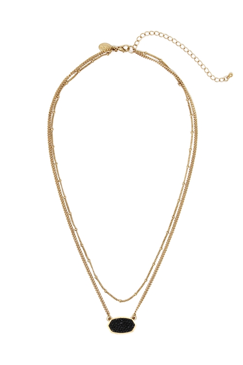 S1-3-3-HN4785WGBK - OVAL PAVE GLITTER SHORT LAYERED NECKLACE-MATTE GOLD BLACK/1PC