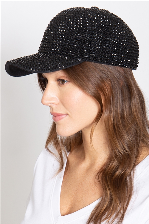 S31-1-1-HT277X200E - FULL RHINESTONE BASEBALL CAP, BLING CRYSTAL-BLACK/3PCS