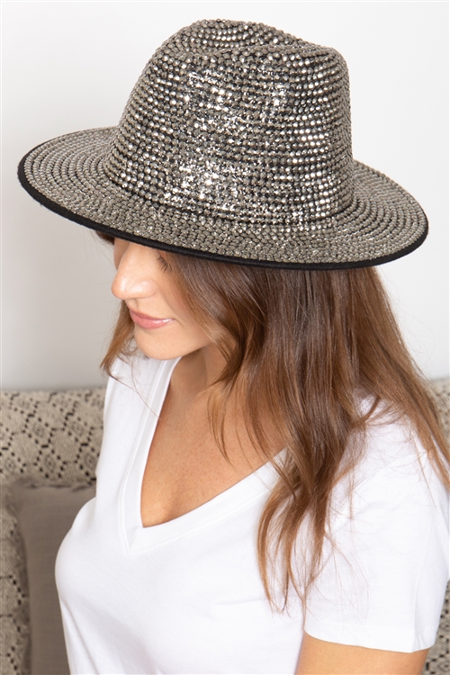 S31-1-1-HT277X236 - FULL RHINESTONE HAT, BLING, BRIM CRYSTAL-CLEAR BLACK/3PCS