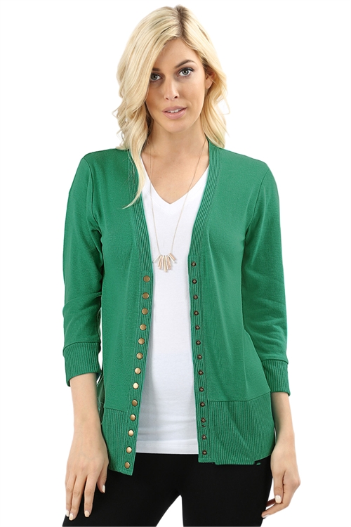 S7-2-2-HW-2049-KG-1 - SNAP BUTTON SWEATER CARDIGAN 3/4 SLEEVE- KELLY GREEN 6-0-0-0
