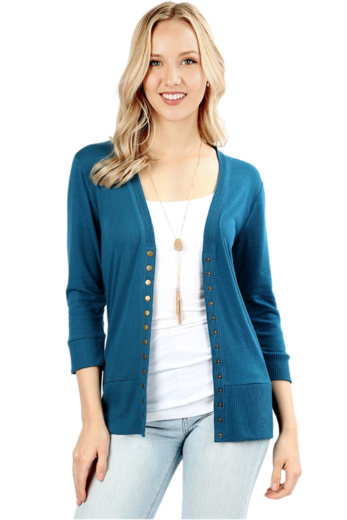 S15-7-3-HW-2049-TL-1 - SNAP BUTTON SWEATER CARDIGAN 3/4 SLEEVE- TEAL 5-0-0-0