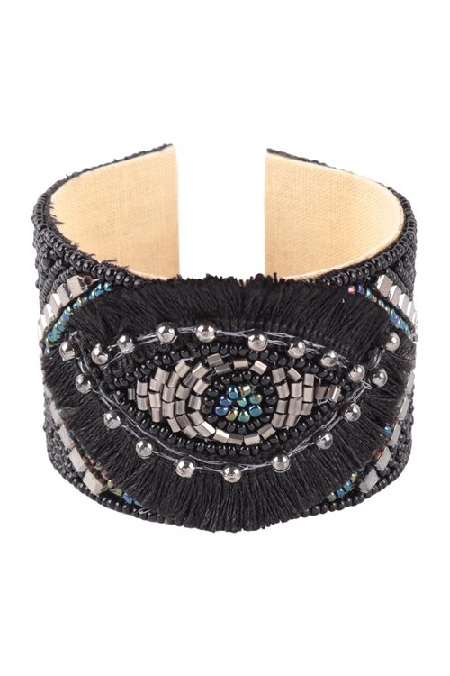 S19-8-6-IB3013BLK - SEEDBEAD EVILEYE OPEN CUFF W/ TASSEL INTRICATE BRACELET - BLACK/6PCS