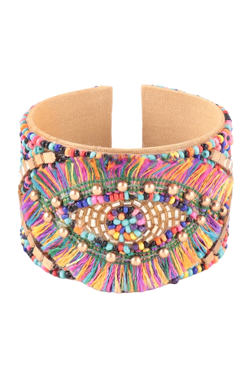 S19-8-6-IB3013MLT - SEEDBEAD EVILEYE OPEN CUFF W/ TASSEL INTRICATE BRACELET - MULTICOLOR/6PCS