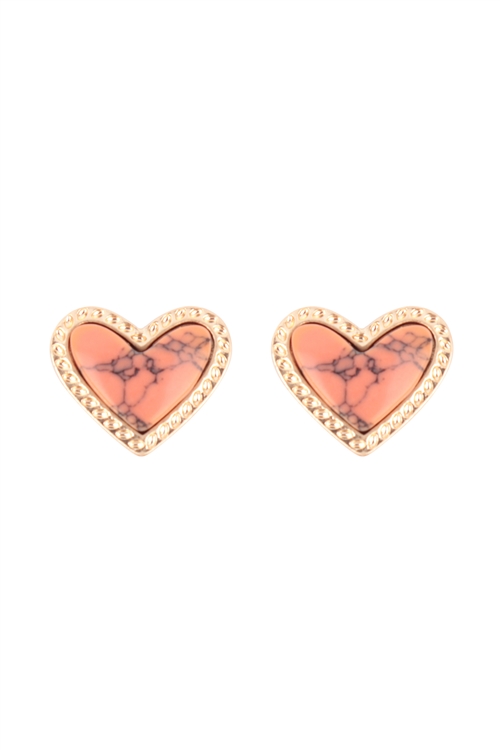 S5-5-4-IE0848CO - HEART NATURALS STONE STUD EARRINGS - CORAL/6PCS