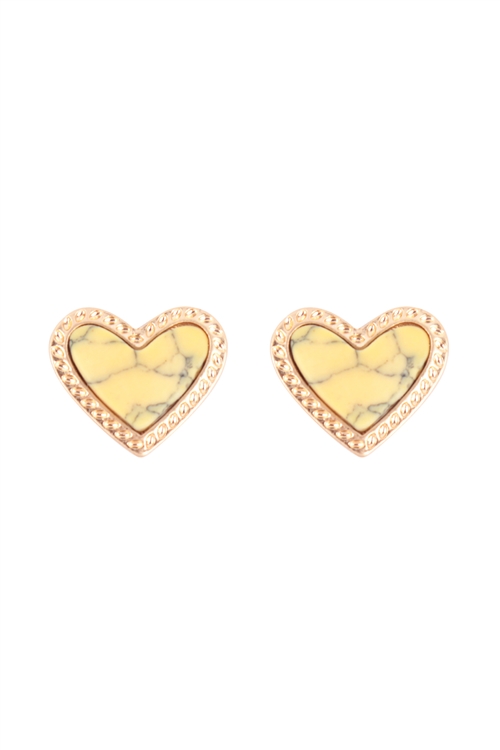 S5-5-4-IE0848YL - HEART NATURALS STONE STUD EARRINGS - YELLOW/6PCS
