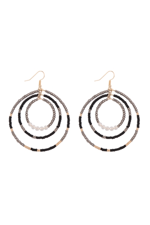 S1-4-5-IE0914BK - OPEN CIRCLE SEED BEAD LINK HOOK EARRINGS - BLACK/6PCS