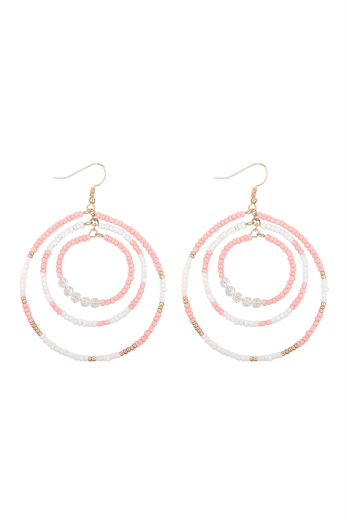 S1-4-5-IE0914PC - OPEN CIRCLE SEED BEAD LINK HOOK EARRINGS - LIGHT PINK/6PCS