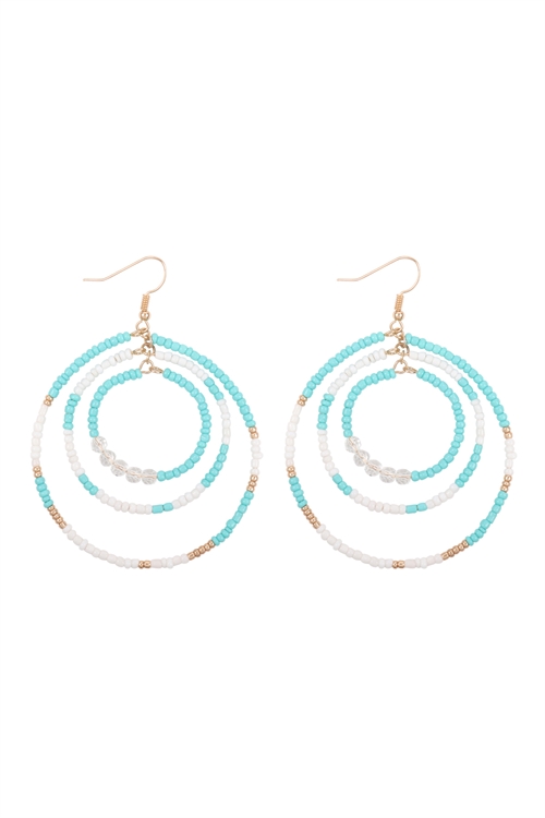 S1-4-5-IE0914TQ - OPEN CIRCLE SEED BEAD LINK HOOK EARRINGS - TURQUOISE/6PCS