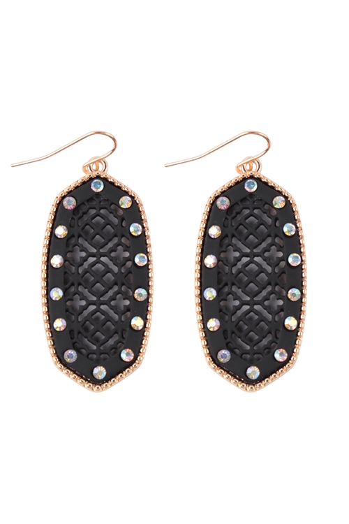 S20-6-3-IE1095BK - OVAL MOROCCAN FILIGREE RHINESTONE DROP EARRINGS - BLACK/6PCS