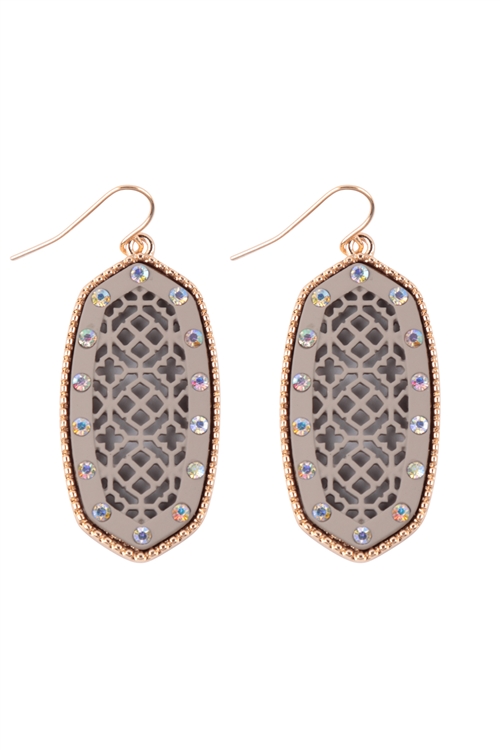 S20-6-3-IE1095GY - OVAL MOROCCAN FILIGREE RHINESTONE DROP EARRINGS - GRAY/6PCS