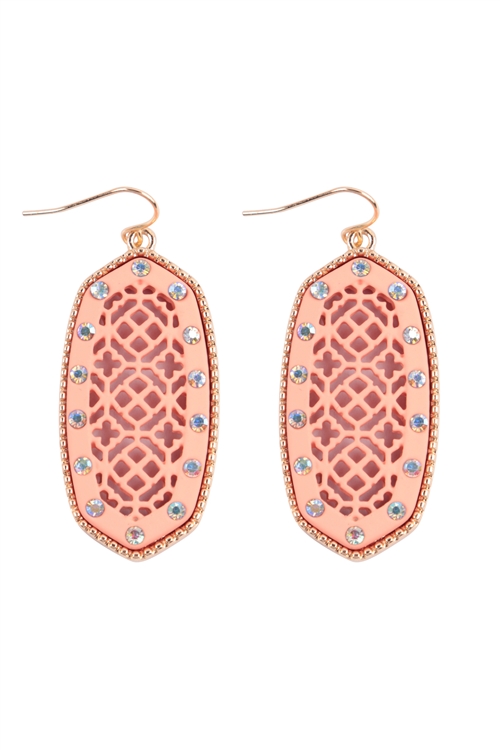 S20-6-3-IE1095PC - OVAL MOROCCAN FILIGREE RHINESTONE DROP EARRINGS - PEACH/6PCS