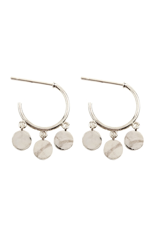 A1-3-1-IEA638RH - DANGLING METAL CHARM POST HOOP EARRINGS  - SILVER/6PCS