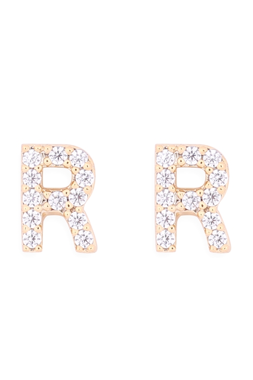 S1-6-3-IEB270RGD - CUBIC ZIRCONIA "R" INITIAL EARRINGS - GOLD/1PC