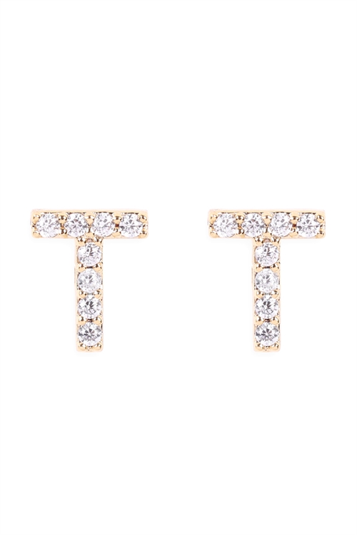 S1-7-4-IEB270TGD - CUBIC ZIRCONIA "T" INITIAL EARRINGS - GOLD/1PC