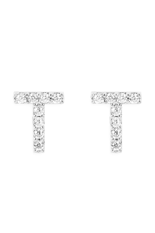 S1-8-4-IEB270TRH - CUBIC ZIRCONIA "T" INITIAL EARRINGS - SILVER/1PC