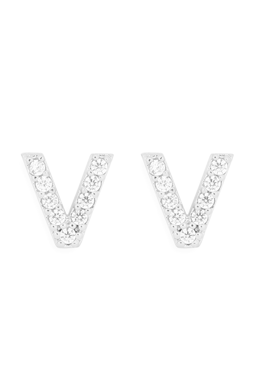 S1-7-2-IEB270VRH - CUBIC ZIRCONIA "V" INITIAL EARRINGS - SILVER/1PC