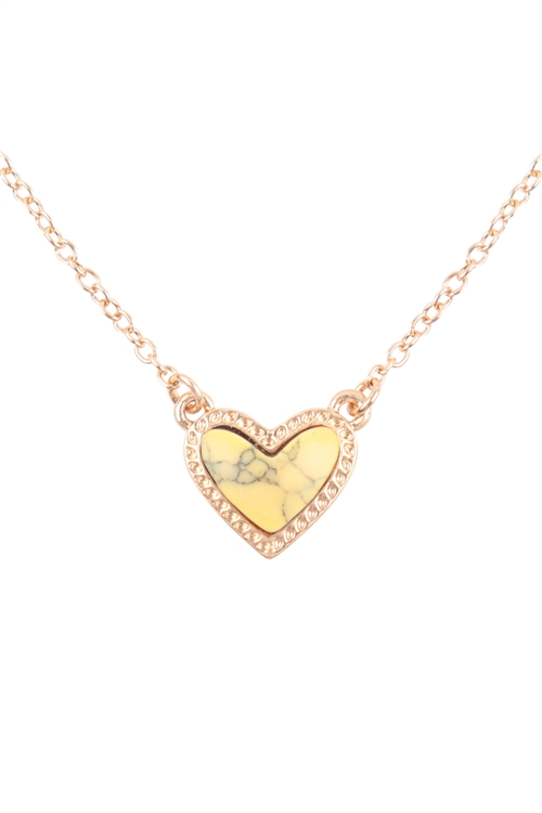 S5-5-4-IN0309YL - HEART NATURAL STONE TEXTURED PENDANT NECKLACE - YELLOW/6PCS (NOW $1.50 ONLY!)