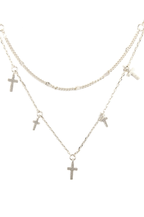 S6-4-3-INA842BS - TWO LAYERED NECKLACE WITH CROSS - SILVER/6PCS