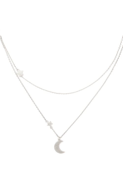 A2-1-2-INB074RH-2 LAYERED NECKLACE WITH MOON STAR-SILVER/1PC