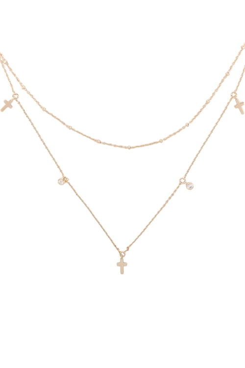 S4-4-1-INB184GDCRY - 2 LAYERED CROSS CHARM NECKLACE-GOLD CRYSTAL/1PC