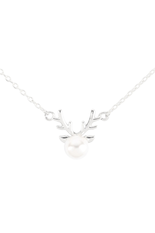 A3-1-4-INB193RHWHT - BRASS REINDEER NECKLACE W/ PEARL - SILVER WHITE/6PCS