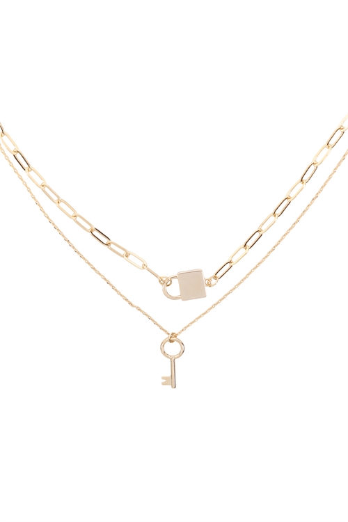 S1-8-3-INB405GD - LOCK & KEY CHARM LAYERED NECKLACE - GOLD/6PCS